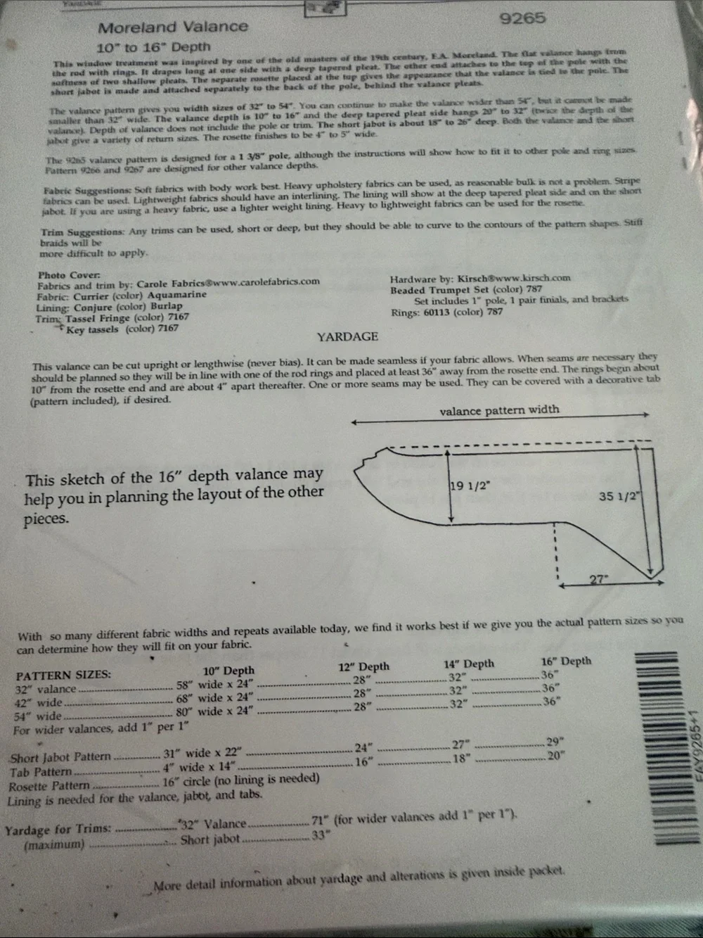 M’Fay Moreland Valance Pattern 9265 Uncut
